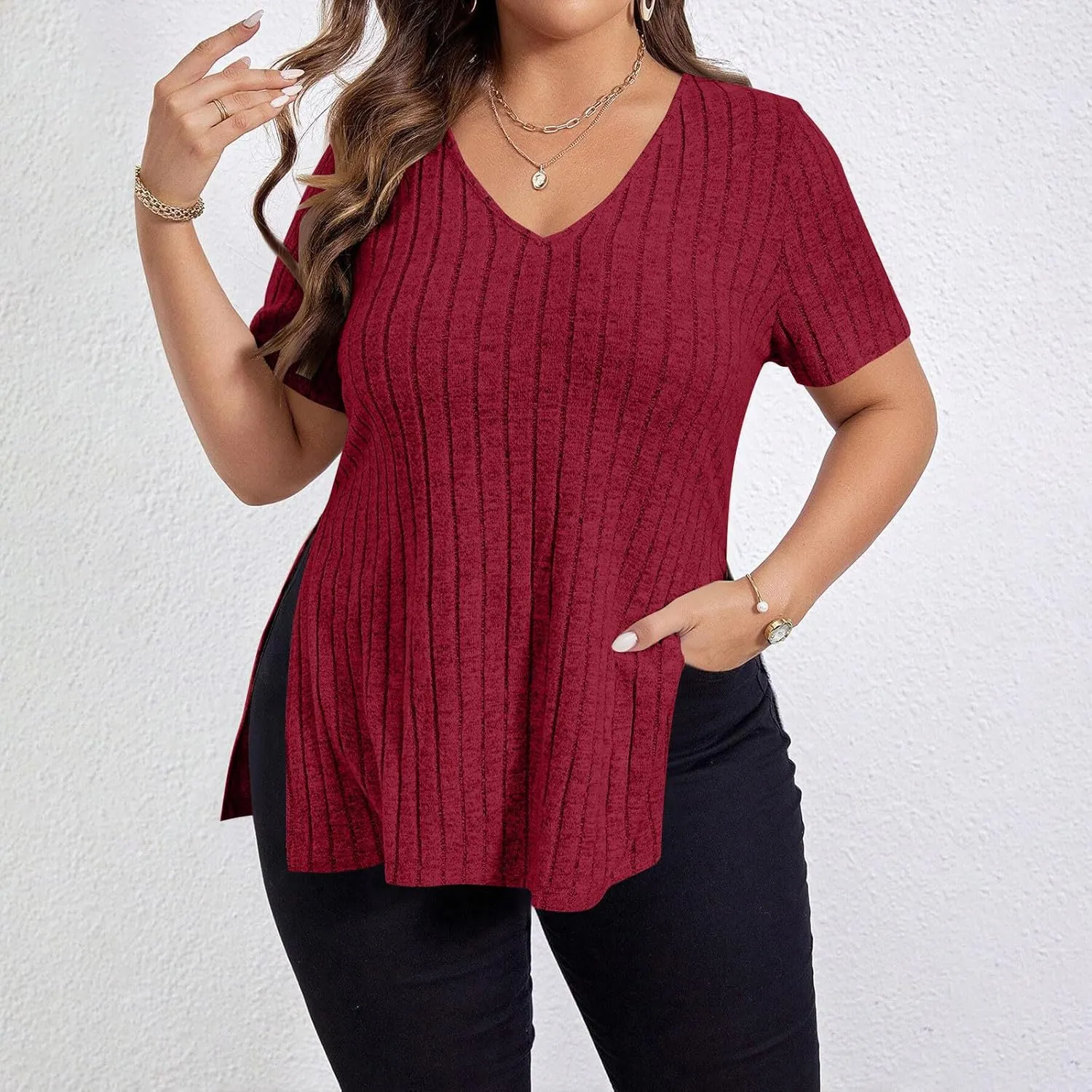 Plus Size Tee Shirt for Women Ribbed Knit V Neck Short Sleeve Side Split Blouse Summer Casual Loose Tee Shirts