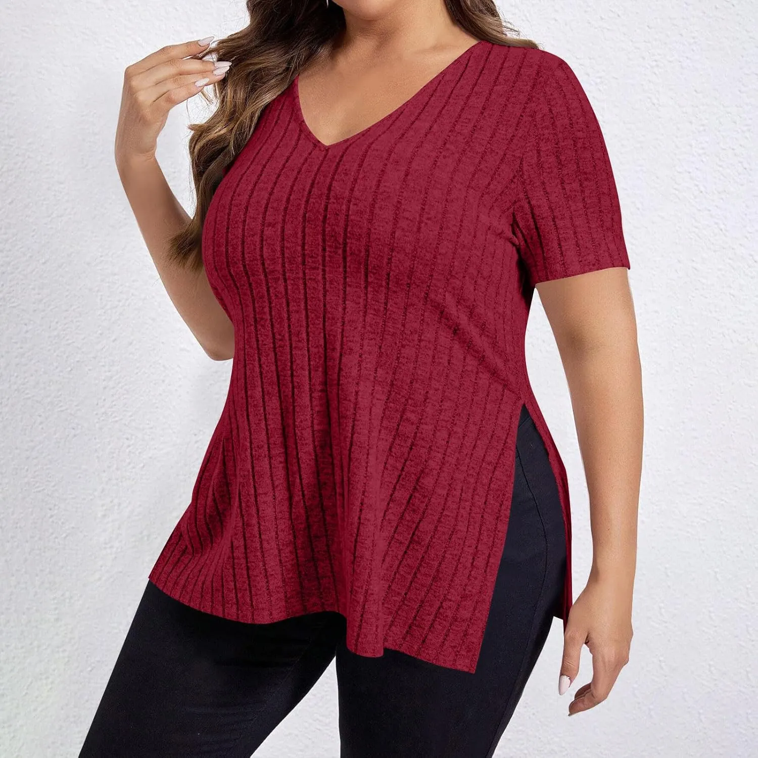 Plus Size Tee Shirt for Women Ribbed Knit V Neck Short Sleeve Side Split Blouse Summer Casual Loose Tee Shirts