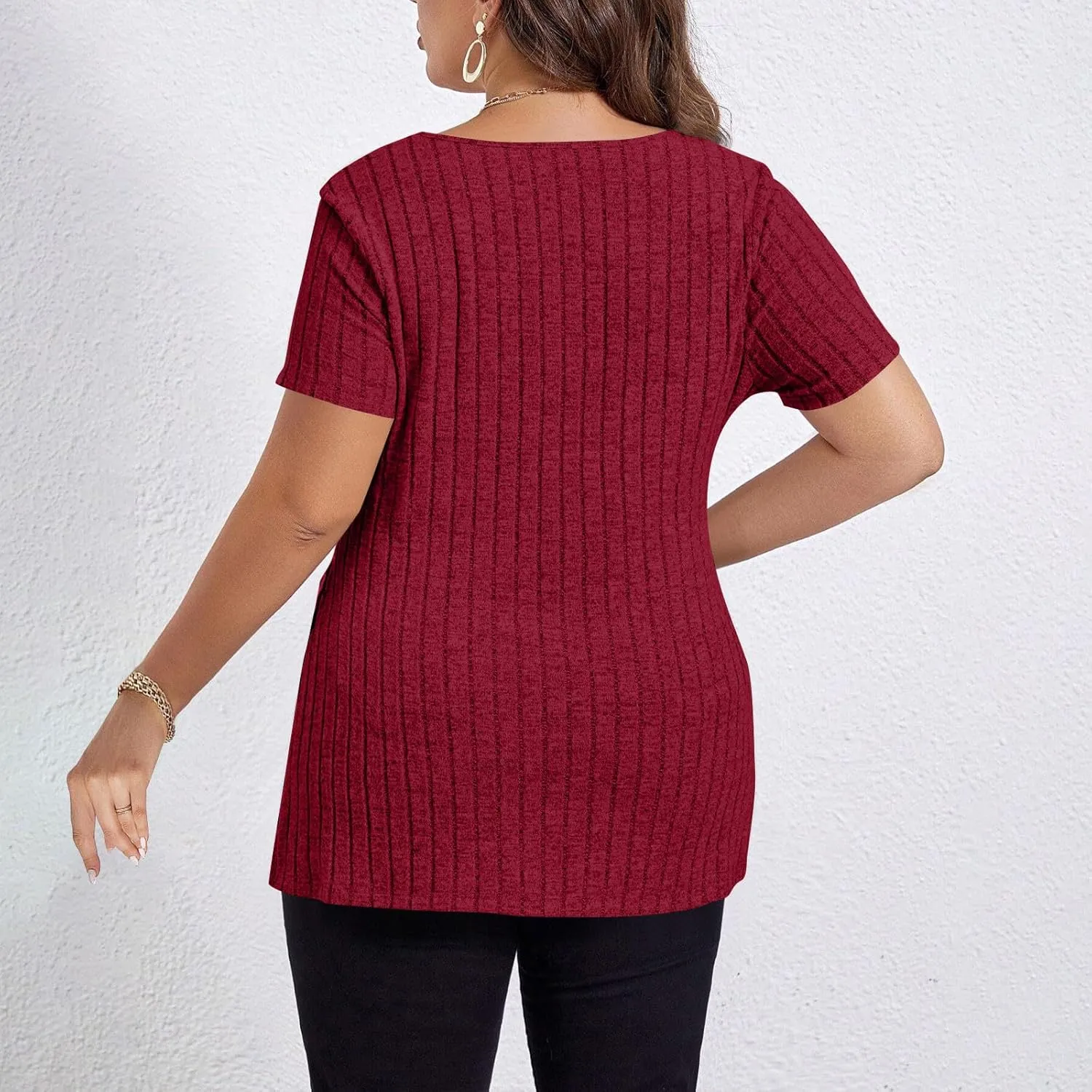 Plus Size Tee Shirt for Women Ribbed Knit V Neck Short Sleeve Side Split Blouse Summer Casual Loose Tee Shirts
