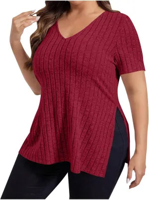 Plus Size Tee Shirt for Women Ribbed Knit V Neck Short Sleeve Side Split Blouse Summer Casual Loose Tee Shirts