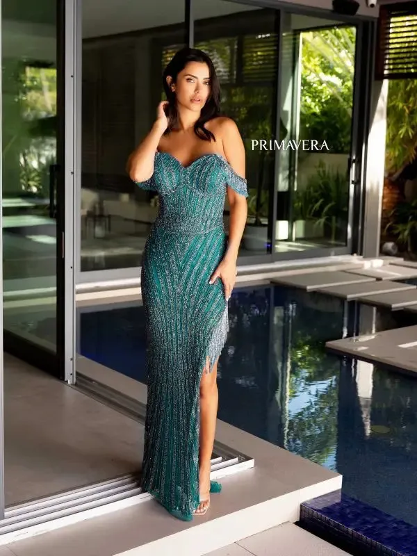 Primavera Couture 4127 Size 4 Fuchsia Long Prom Dress Corset Off Shoulder Sequins Beaded Fringes High Slit Formal Pageant Gown
