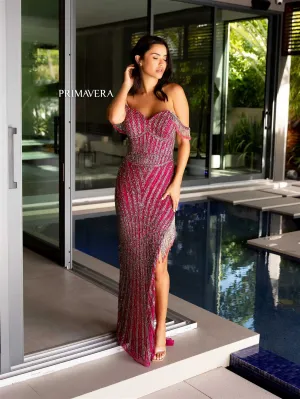 Primavera Couture 4127 Size 4 Fuchsia Long Prom Dress Corset Off Shoulder Sequins Beaded Fringes High Slit Formal Pageant Gown