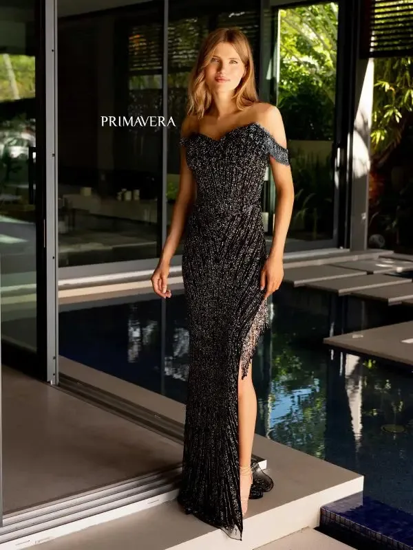 Primavera Couture 4127 Size 4 Fuchsia Long Prom Dress Corset Off Shoulder Sequins Beaded Fringes High Slit Formal Pageant Gown