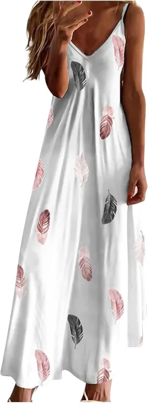 Prime Big Women's Summer Spaghetti Strap Elegant Long Dresses Plus Size Vacation Flowy Beach Dress Loose Floor Length Dress Dresses for Women 2024 Elegant White S