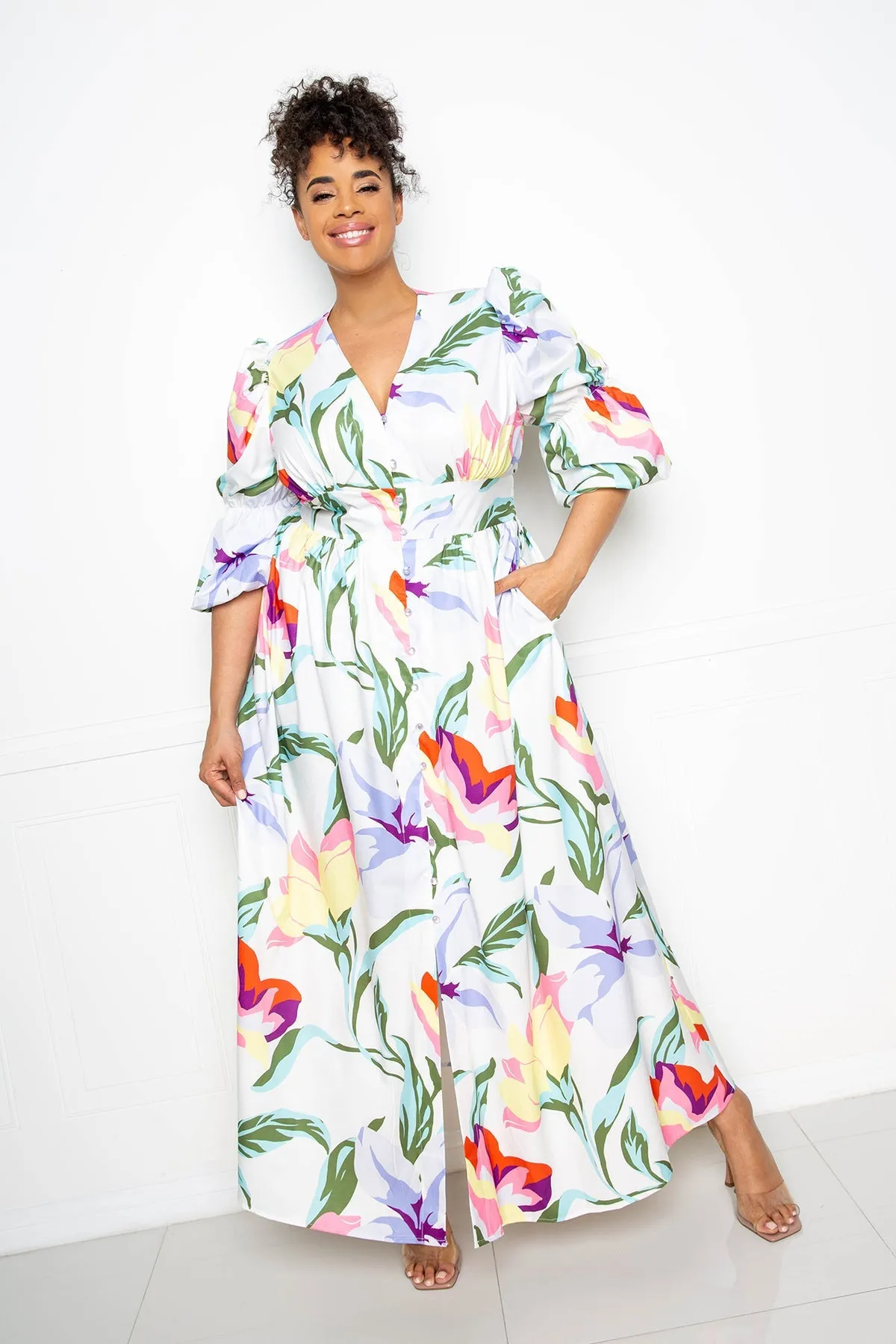 Puff Sleeve Button Front Dress