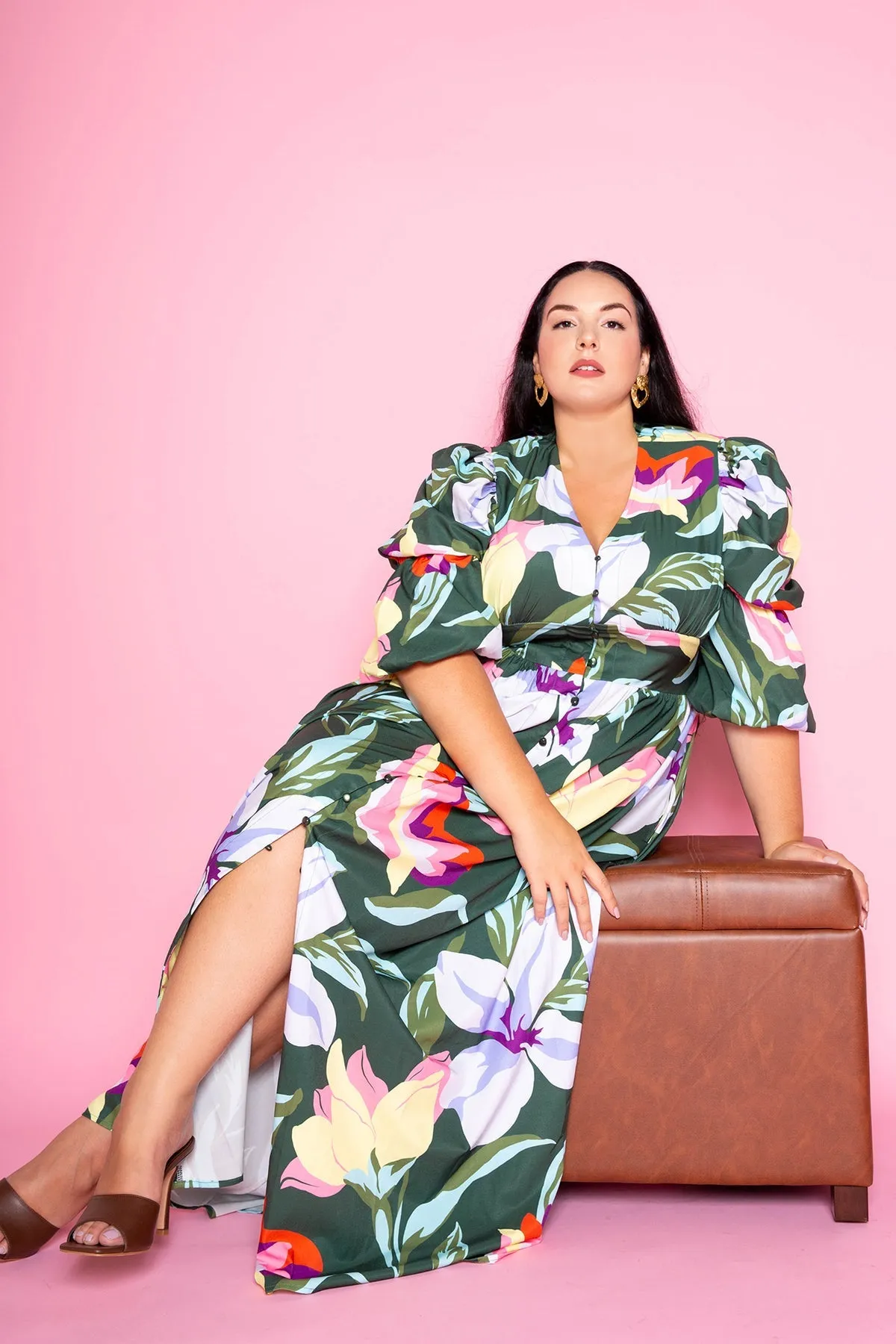 Puff Sleeve Button Front Dress