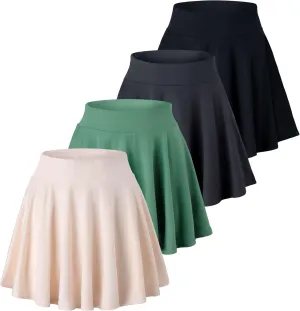 Real Essentials 4 Pack: Women's Basic Casual Stretchy Mini Skirt - Skater A-Line Flowy Flared (Available in Plus Size)