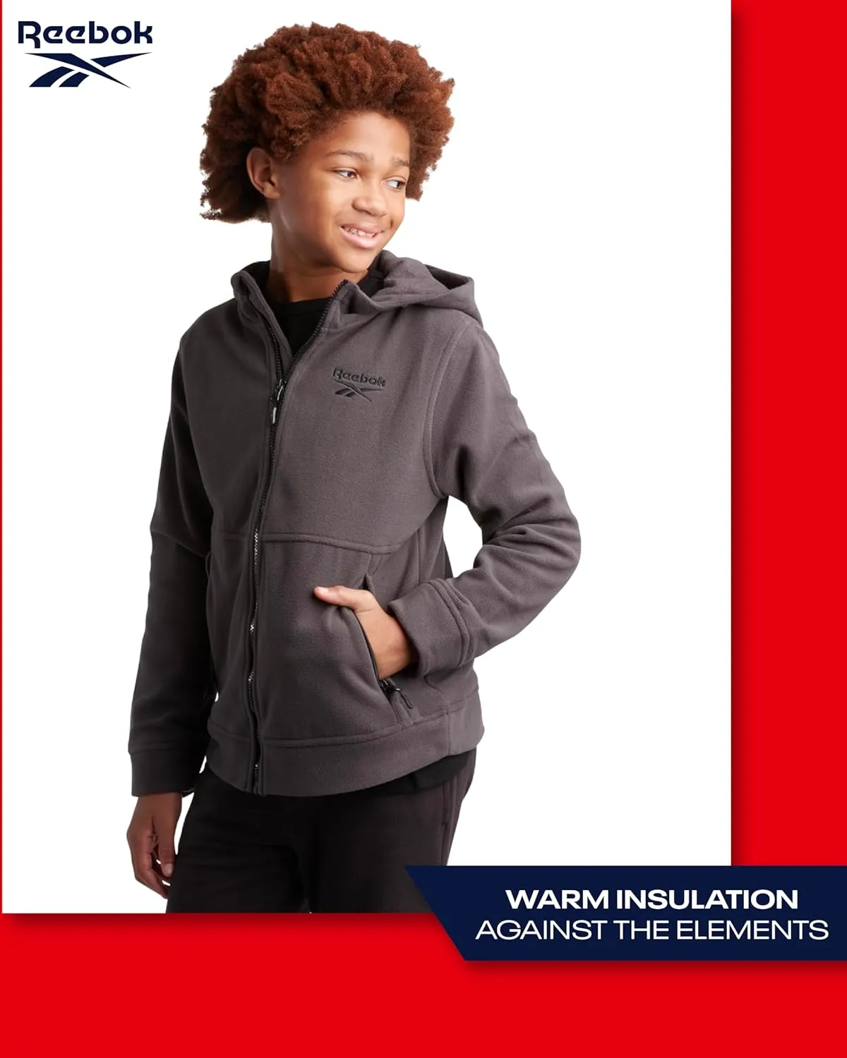 Reebok Boys' Jacket - Warm Polar Fleece Insulated Jacket - Weather Resistant Zip Up Hooded Jackets for Boys (Sizes: 4-20)