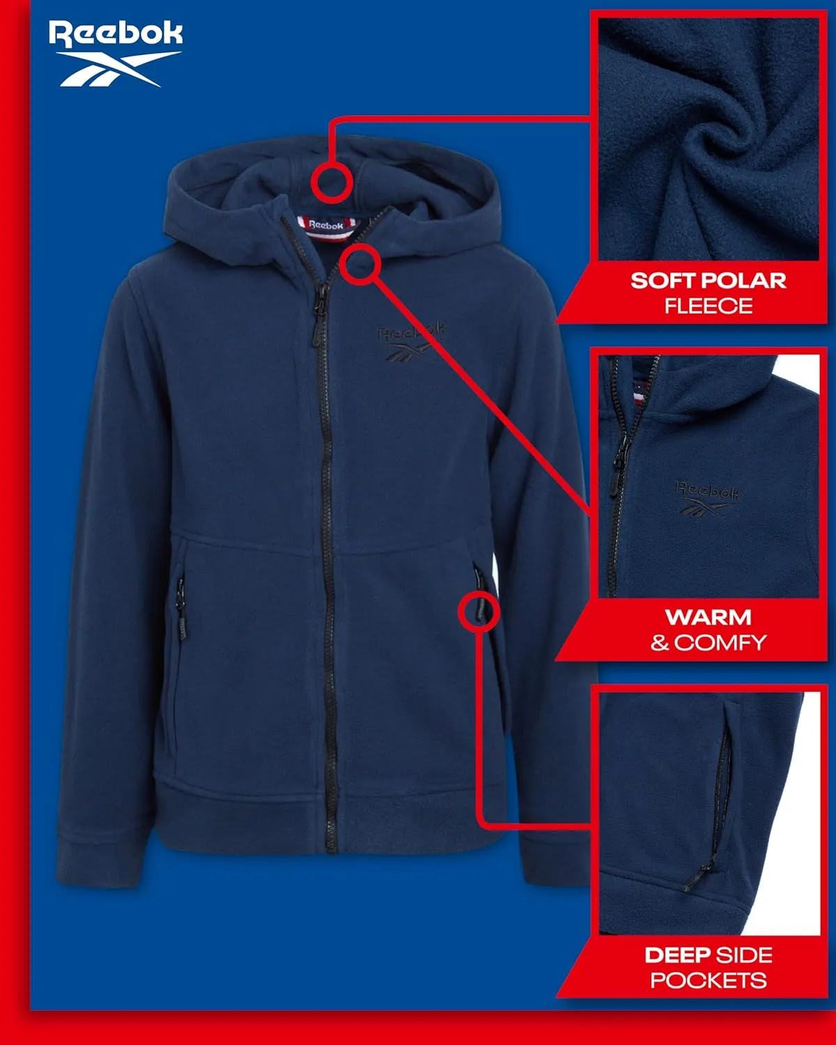 Reebok Boys' Jacket - Warm Polar Fleece Insulated Jacket - Weather Resistant Zip Up Hooded Jackets for Boys (Sizes: 4-20)