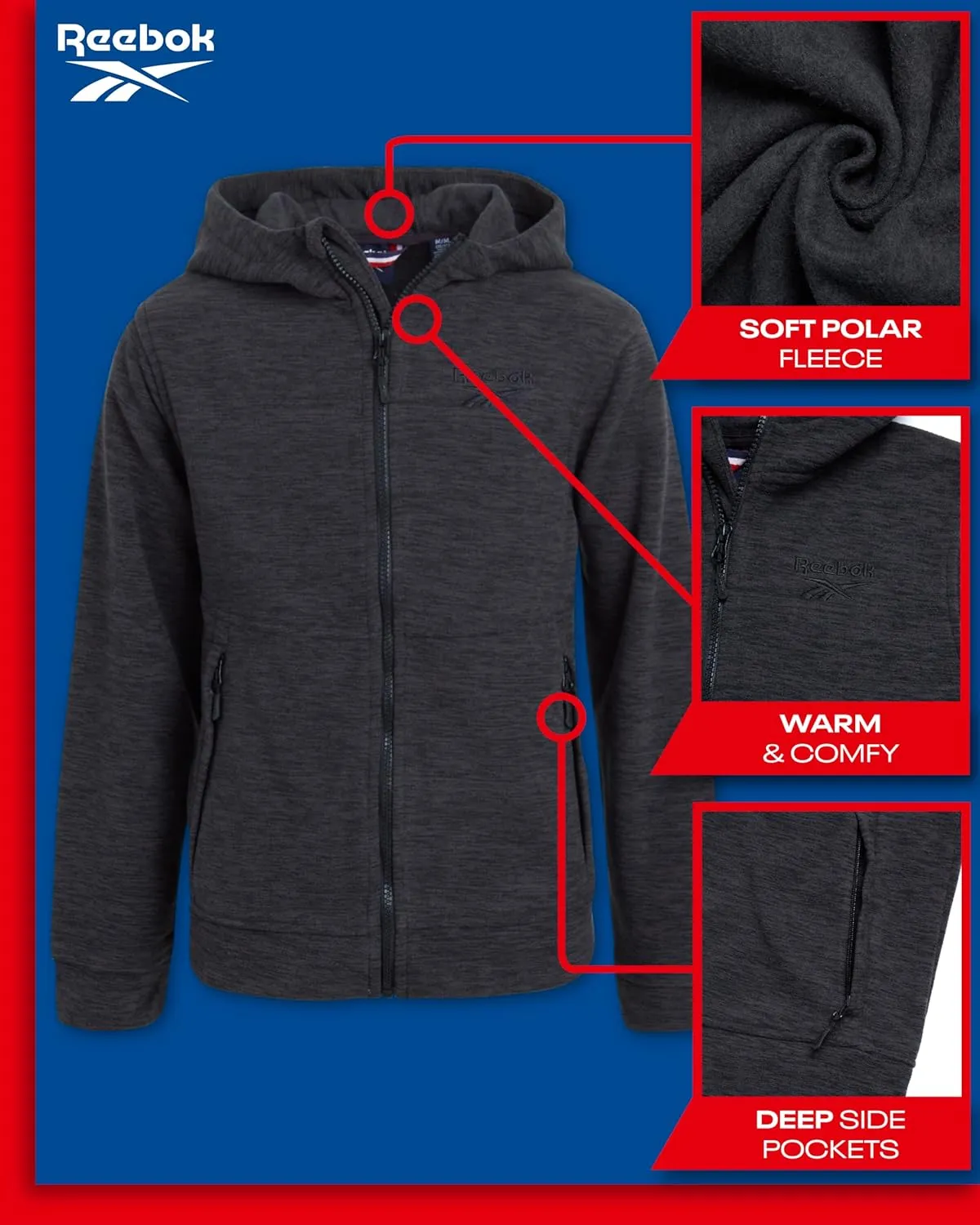 Reebok Boys' Jacket - Warm Polar Fleece Insulated Jacket - Weather Resistant Zip Up Hooded Jackets for Boys (Sizes: 4-20)