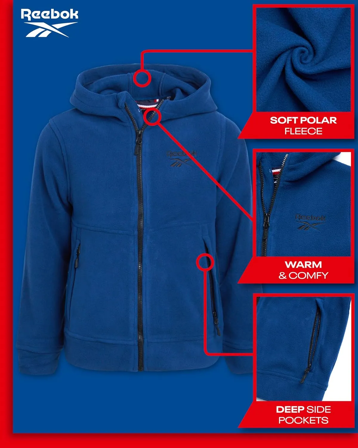Reebok Boys' Jacket - Warm Polar Fleece Insulated Jacket - Weather Resistant Zip Up Hooded Jackets for Boys (Sizes: 4-20)
