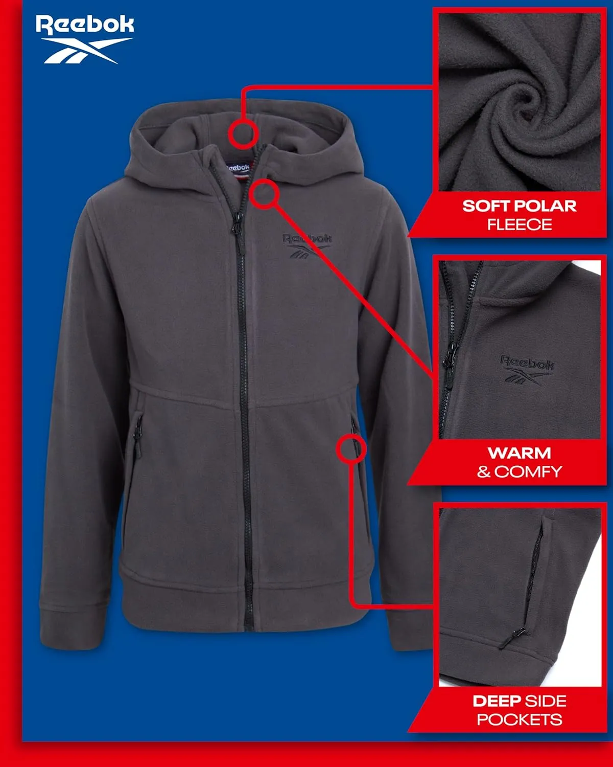 Reebok Boys' Jacket - Warm Polar Fleece Insulated Jacket - Weather Resistant Zip Up Hooded Jackets for Boys (Sizes: 4-20)