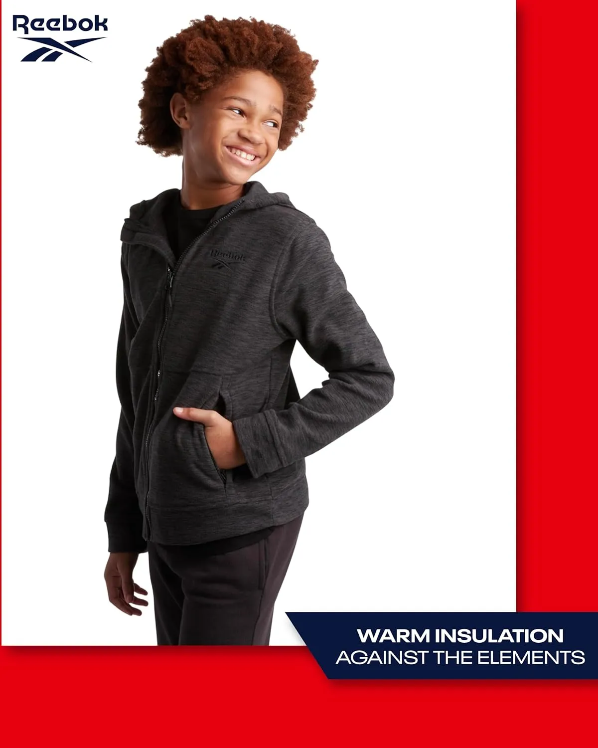 Reebok Boys' Jacket - Warm Polar Fleece Insulated Jacket - Weather Resistant Zip Up Hooded Jackets for Boys (Sizes: 4-20)