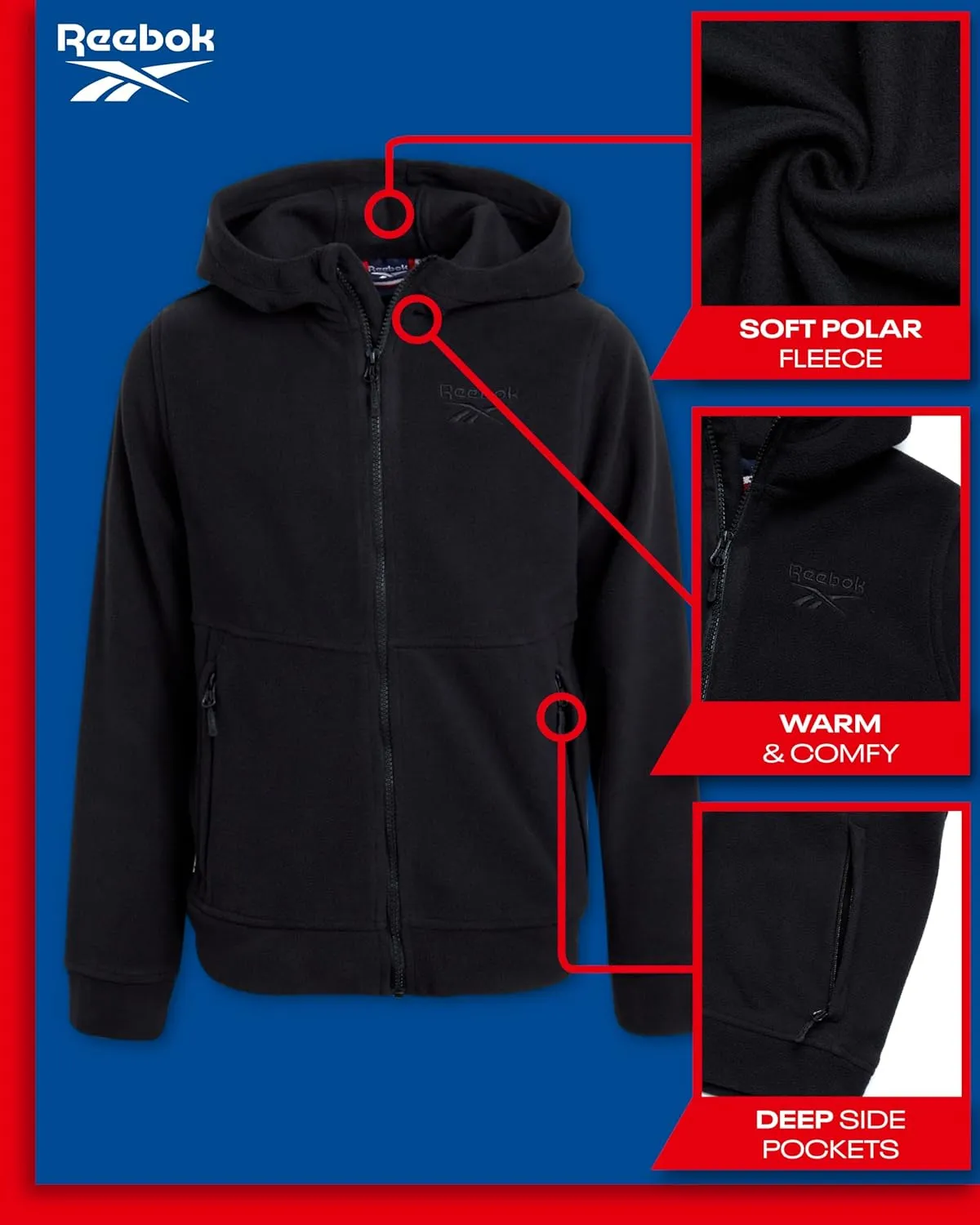 Reebok Boys' Jacket - Warm Polar Fleece Insulated Jacket - Weather Resistant Zip Up Hooded Jackets for Boys (Sizes: 4-20)