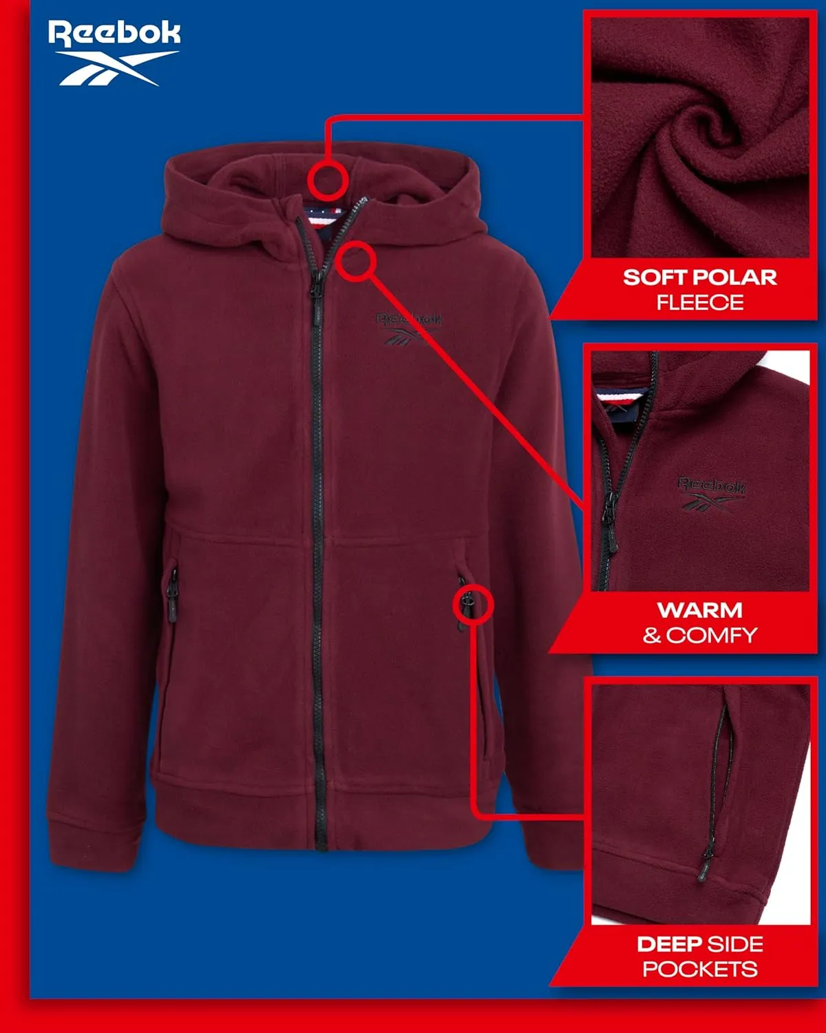 Reebok Boys' Jacket - Warm Polar Fleece Insulated Jacket - Weather Resistant Zip Up Hooded Jackets for Boys (Sizes: 4-20)