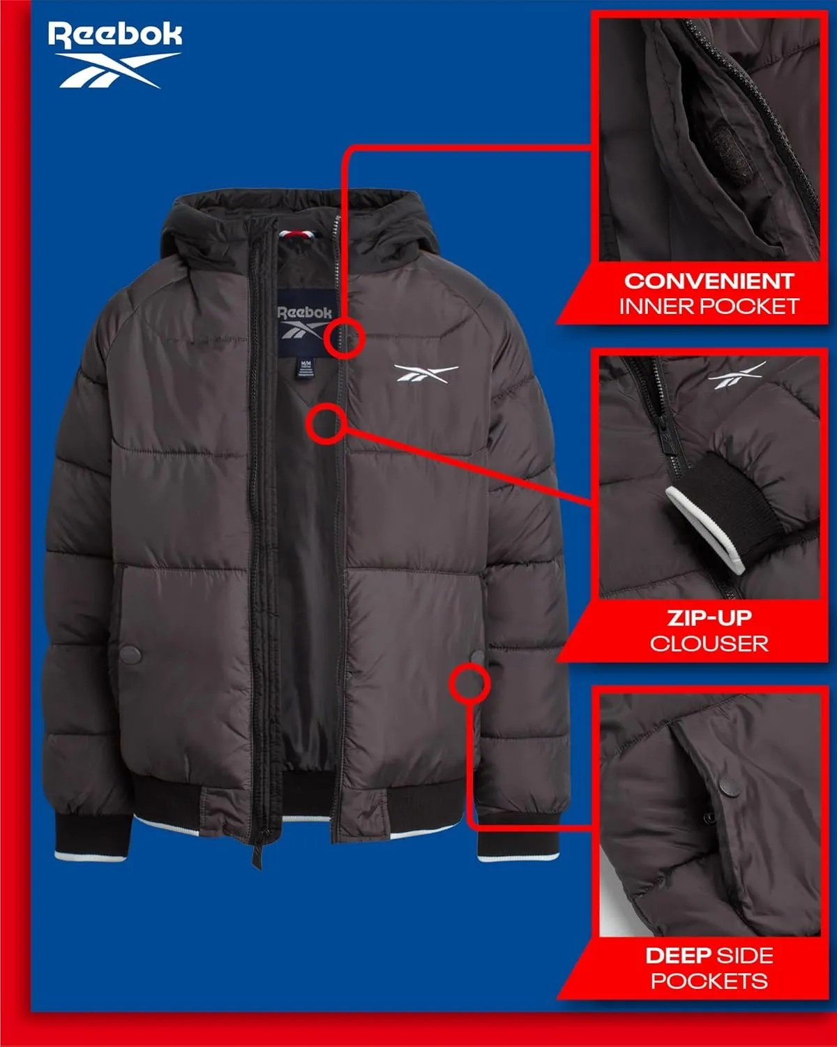 Reebok Boys' Winter Coat - Heavyweight Full Zip Up Quilted Puffer Snow Parka - Weather Resistant Ski Jacket for Boys (8-20)