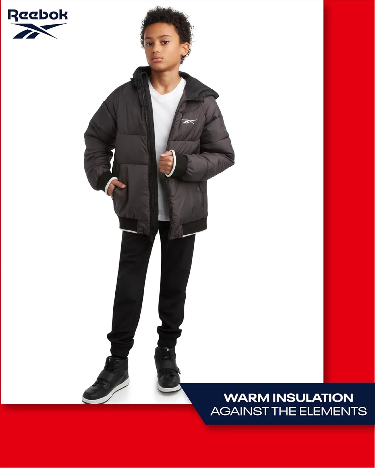 Reebok Boys' Winter Coat - Heavyweight Full Zip Up Quilted Puffer Snow Parka - Weather Resistant Ski Jacket for Boys (8-20)