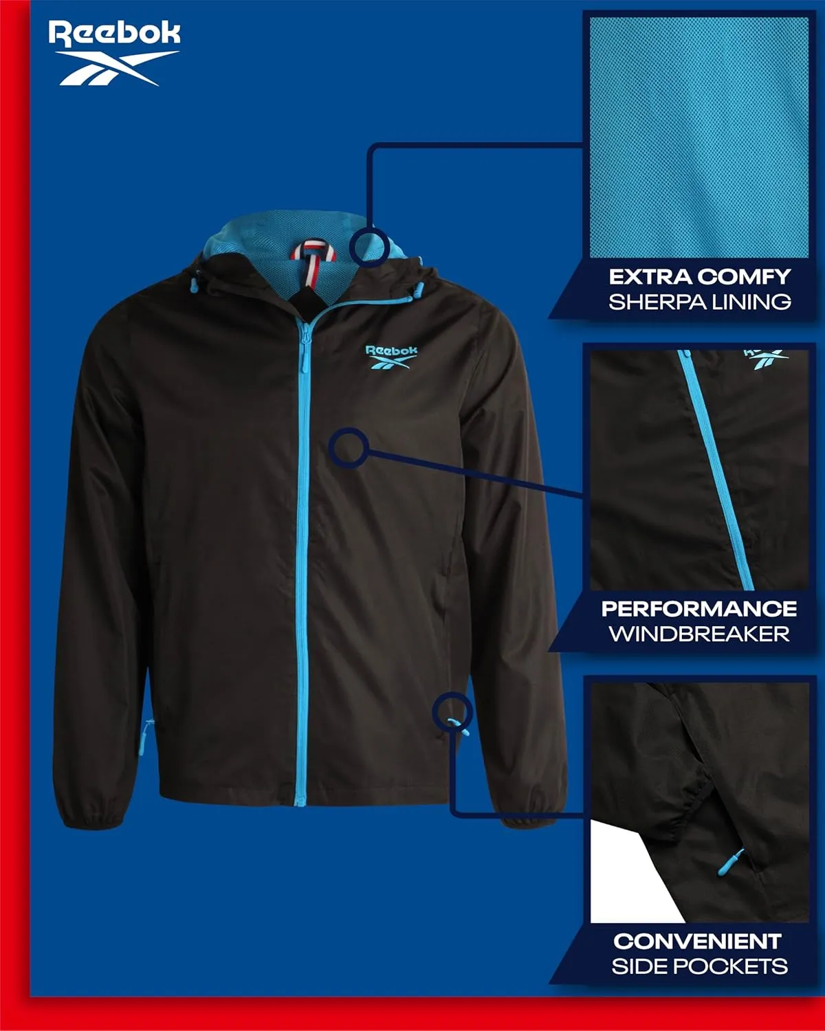 Reebok Men's Jacket - Wind and Water Resistant Full Zip Sherpa Lined Hooded Windbreaker Jackets for Men (Sizes: S-XL)