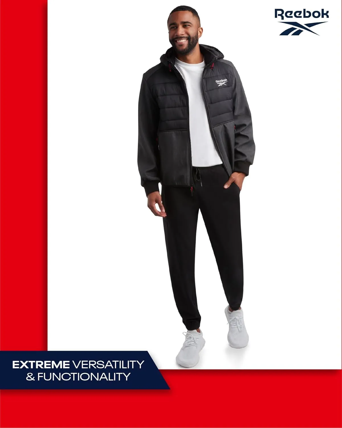 Reebok Men's Softshell Jacket - Lightweight Hooded Weather Resistant Jacket for Men with Nylon Quilted Chest (S-XXL)