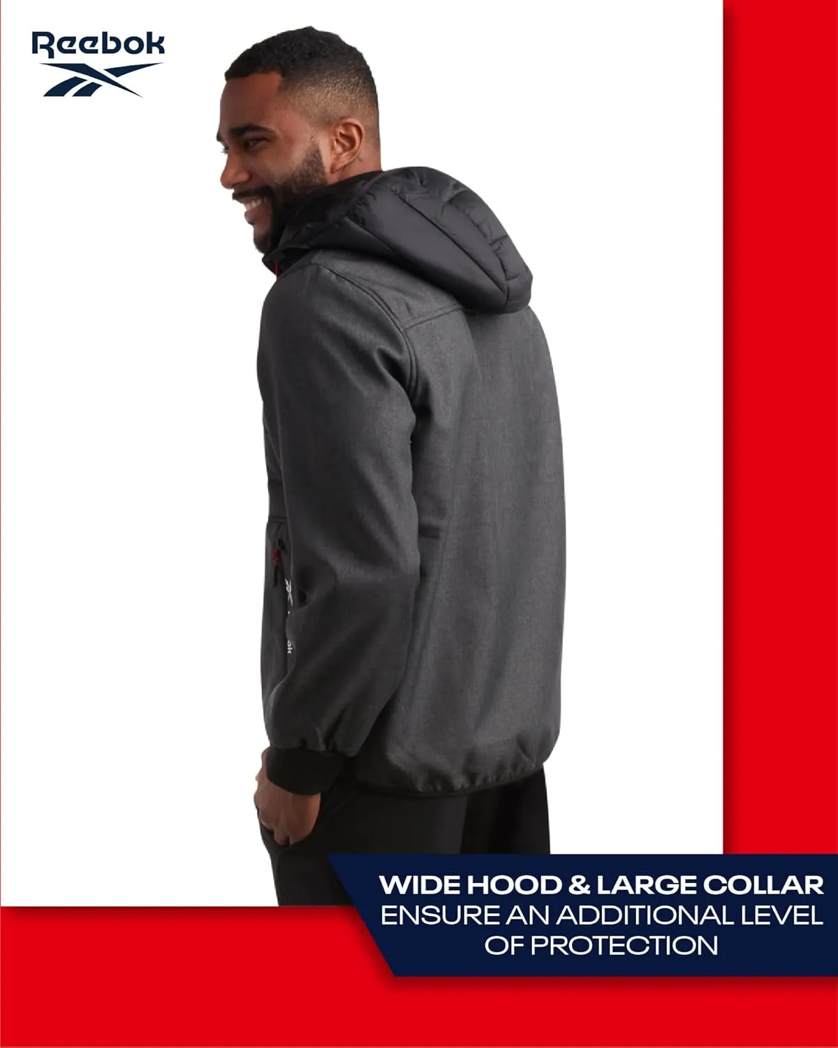 Reebok Men's Softshell Jacket - Lightweight Hooded Weather Resistant Jacket for Men with Nylon Quilted Chest (S-XXL)