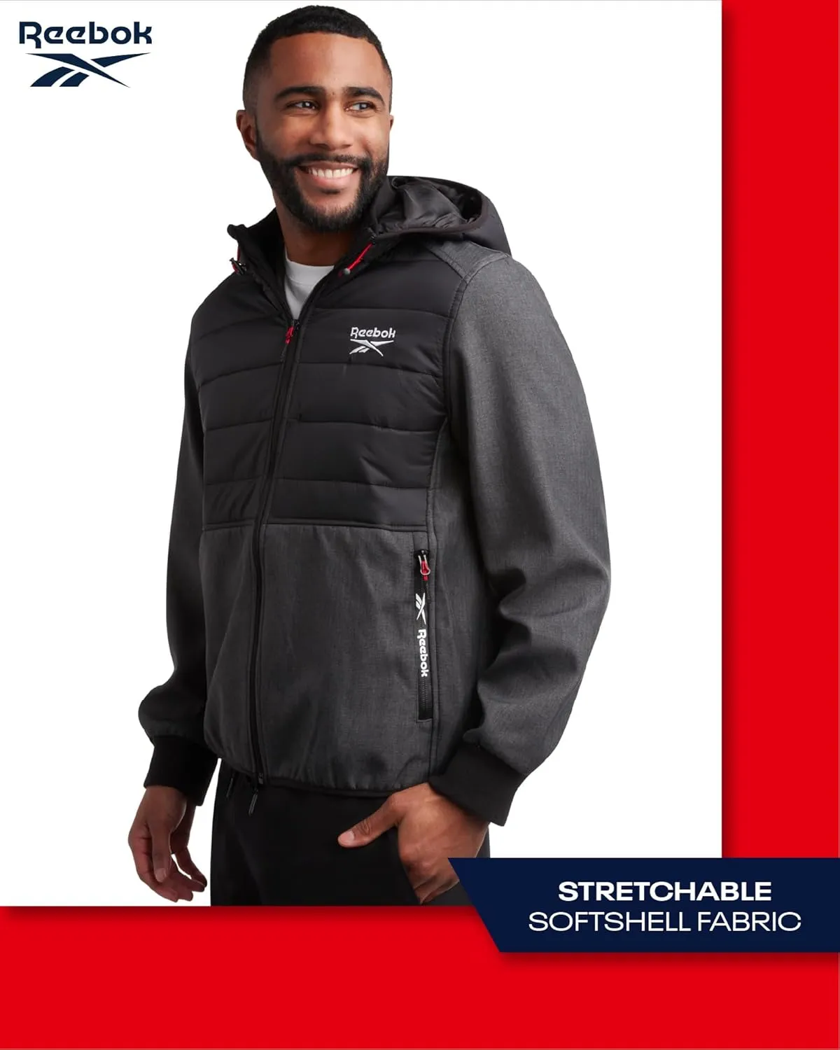 Reebok Men's Softshell Jacket - Lightweight Hooded Weather Resistant Jacket for Men with Nylon Quilted Chest (S-XXL)