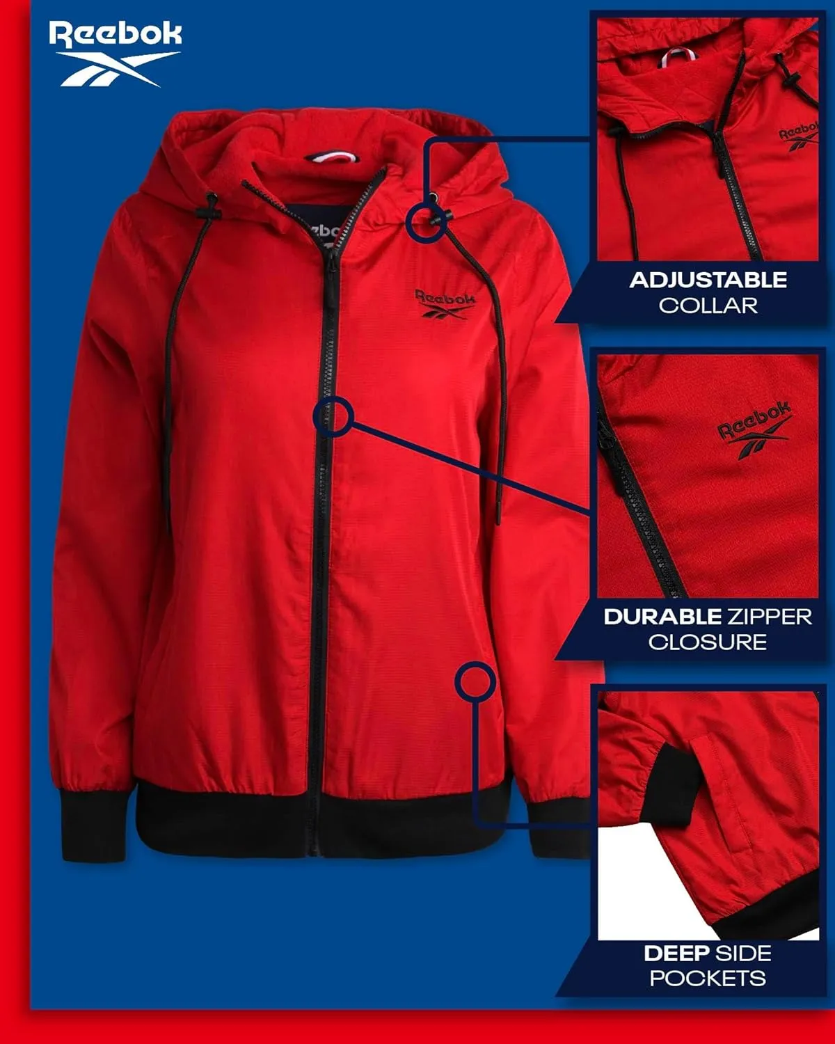 Reebok Women's Jacket - Weather Resistant Fleece Lined Windbreaker Jackets for Women  Cozy Zip Up Hoodie Jacket (S-XL)