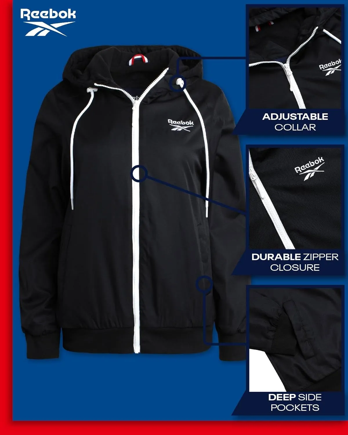 Reebok Women's Jacket - Weather Resistant Fleece Lined Windbreaker Jackets for Women  Cozy Zip Up Hoodie Jacket (S-XL)