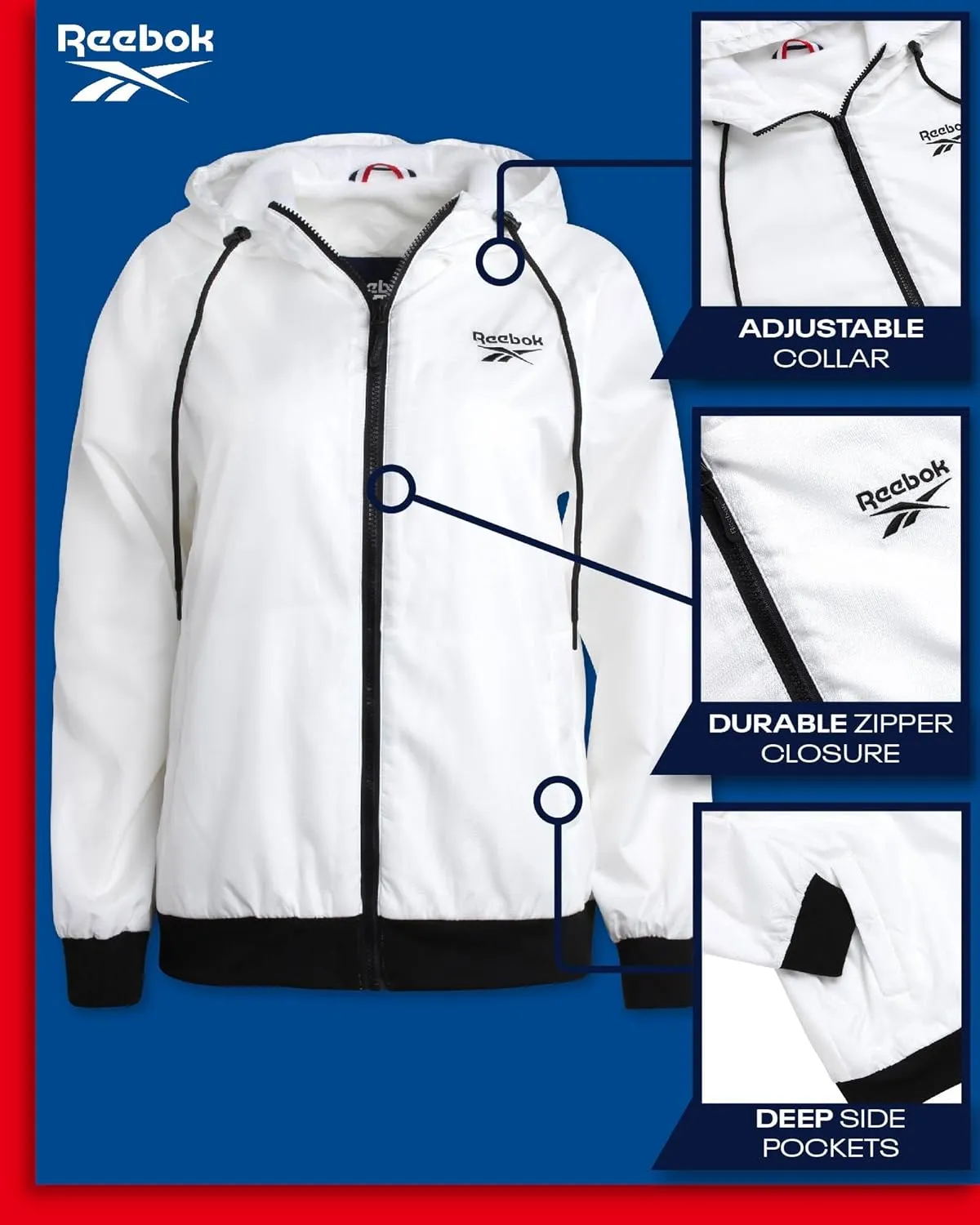 Reebok Women's Jacket - Weather Resistant Fleece Lined Windbreaker Jackets for Women  Cozy Zip Up Hoodie Jacket (S-XL)