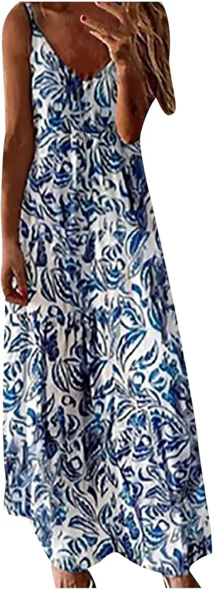 Sale Clearance Women's Summer Spaghetti Strap Elegant Long Dresses Plus Size Vacation Flowy Beach Dress Loose Floor Length Dress Beach Dresses for Women 2024 Vacation Sky Blue XL