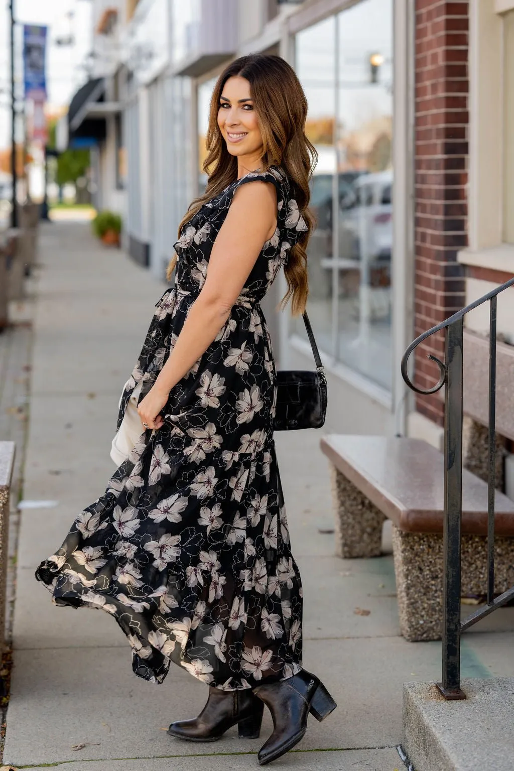 Sheer Floral Tie Waist Maxi Dress