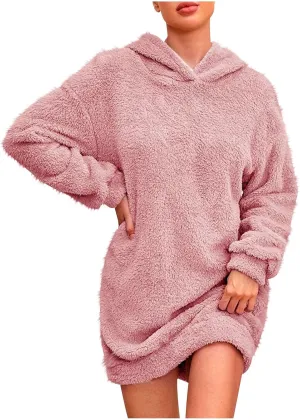 Sherpa Hoodie Dress for Women Cute Fuzzy Long Sleeve Sweatshirt Dress Casual Mini Sweater Dress Soft Loungewear