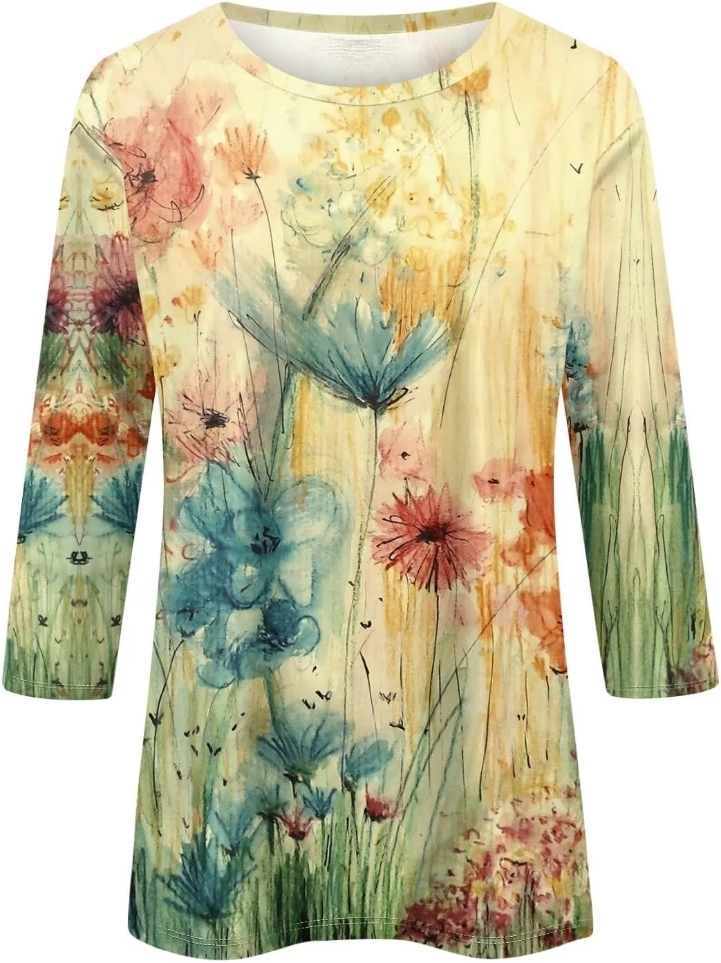 Shirts for Women Trendy Summer O-Neck 3/4 Sleeve Shirts Casual Loose Fit Blouses Printed Trendy Tunic Cute Basic Clothing