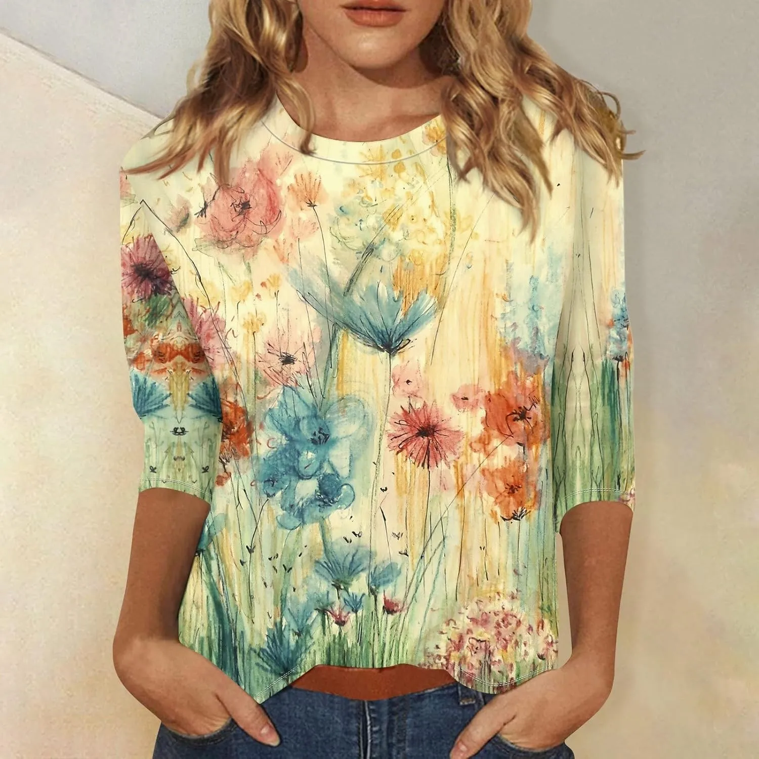 Shirts for Women Trendy Summer O-Neck 3/4 Sleeve Shirts Casual Loose Fit Blouses Printed Trendy Tunic Cute Basic Clothing