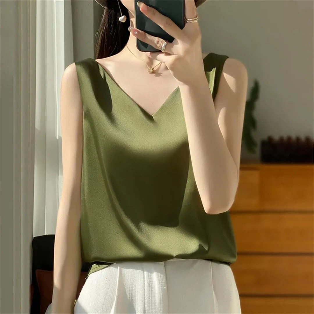 Silk Satin Women's Tank Top Crop Vest Basic V-Neck Camisole Sleeveless Blouse Summer Bottom Shirts