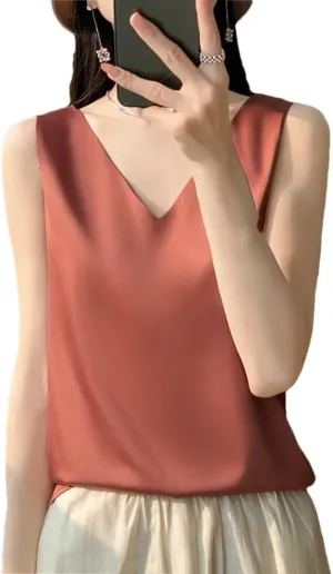 Silk Satin Women's Tank Top Crop Vest Basic V-Neck Camisole Sleeveless Blouse Summer Bottom Shirts