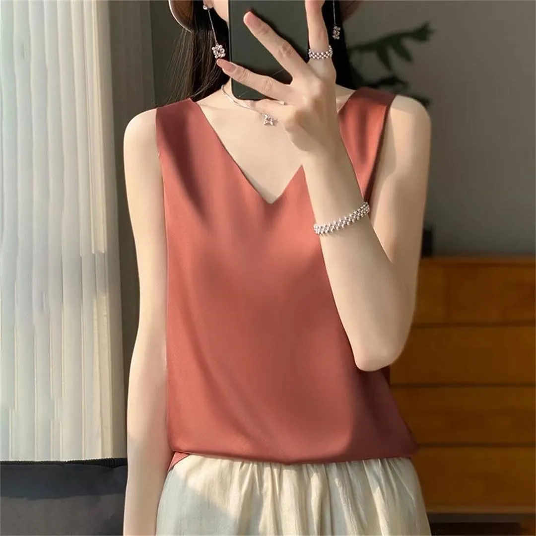 Silk Satin Women's Tank Top Crop Vest Basic V-Neck Camisole Sleeveless Blouse Summer Bottom Shirts