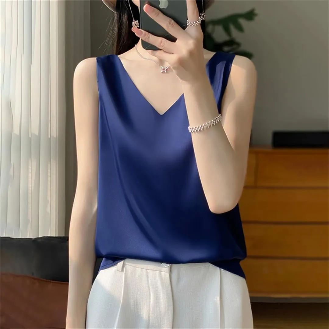 Silk Satin Women's Tank Top Crop Vest Basic V-Neck Camisole Sleeveless Blouse Summer Bottom Shirts
