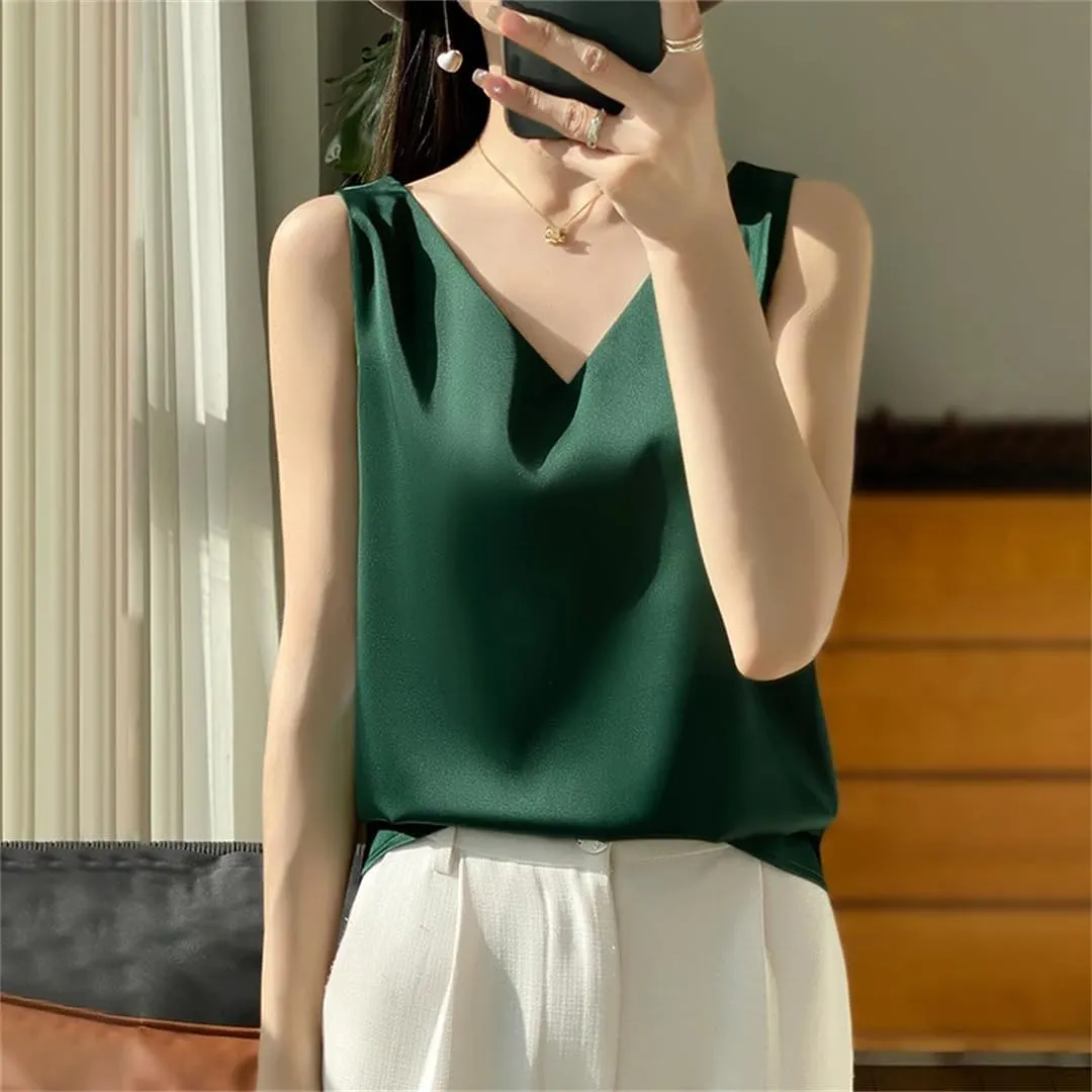 Silk Satin Women's Tank Top Crop Vest Basic V-Neck Camisole Sleeveless Blouse Summer Bottom Shirts