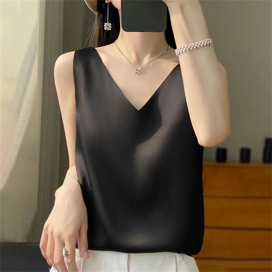 Silk Satin Women's Tank Top Crop Vest Basic V-Neck Camisole Sleeveless Blouse Summer Bottom Shirts