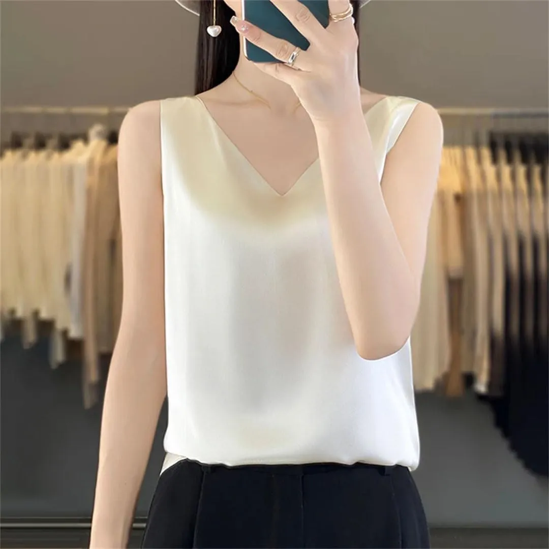 Silk Satin Women's Tank Top Crop Vest Basic V-Neck Camisole Sleeveless Blouse Summer Bottom Shirts