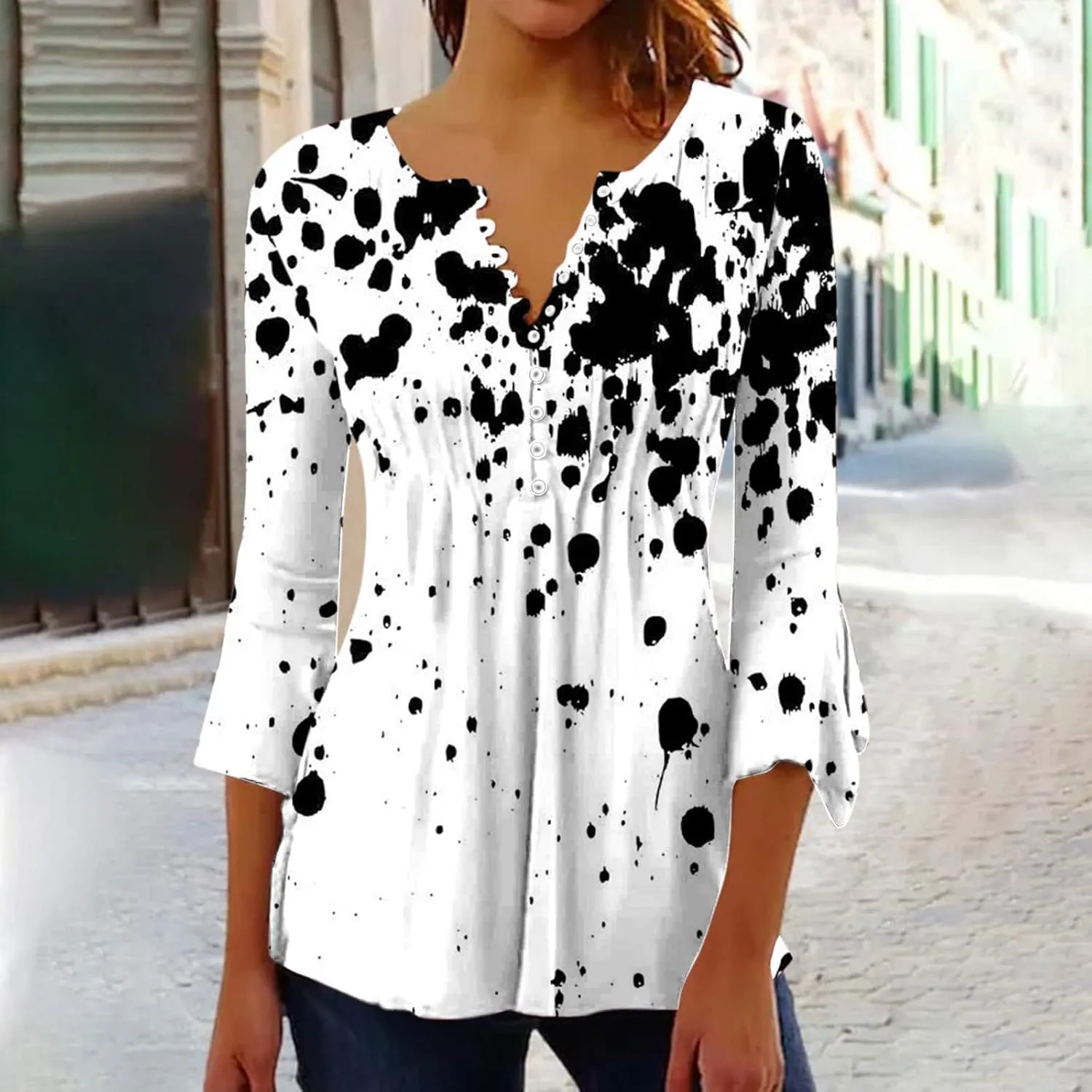 Spring Summer Tops for Women 2024 Trendy Floral Print Bohemian Shirts Casual Button Up 3/4 Sleeve Empire Waist Blouse