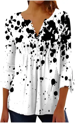 Spring Summer Tops for Women 2024 Trendy Floral Print Bohemian Shirts Casual Button Up 3/4 Sleeve Empire Waist Blouse