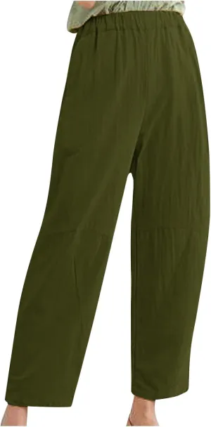 Straight Leg Cotton Linen Pants for Women Versatile Solid Color Relaxed Fit Elastic Waist Trousers Summer Casual