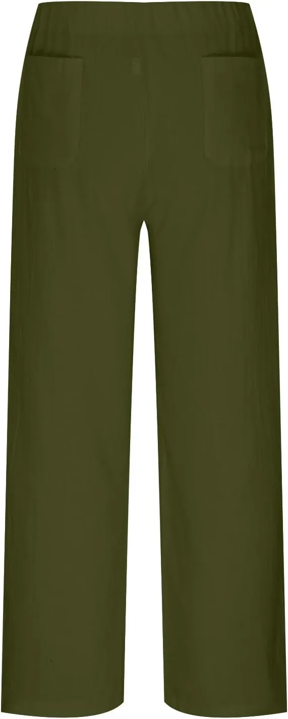 Straight Leg Cotton Linen Pants for Women Versatile Solid Color Relaxed Fit Elastic Waist Trousers Summer Casual
