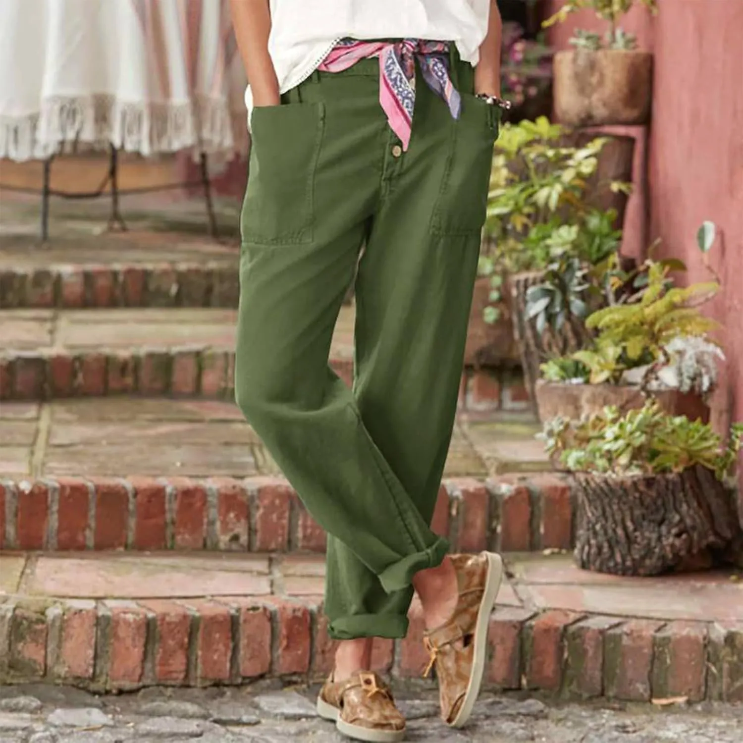 Straight Leg Trousers for Women High Waisted Button Down Linen Pants Vintage Lightweight Solid Dress Pants with Pockets