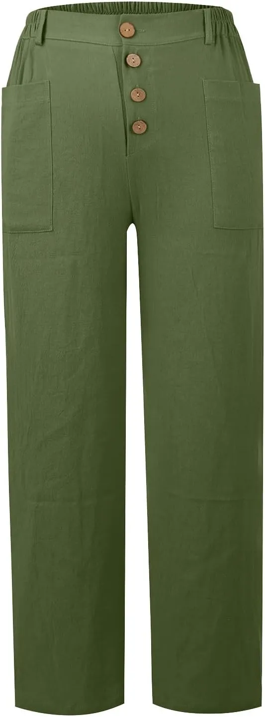 Straight Leg Trousers for Women High Waisted Button Down Linen Pants Vintage Lightweight Solid Dress Pants with Pockets