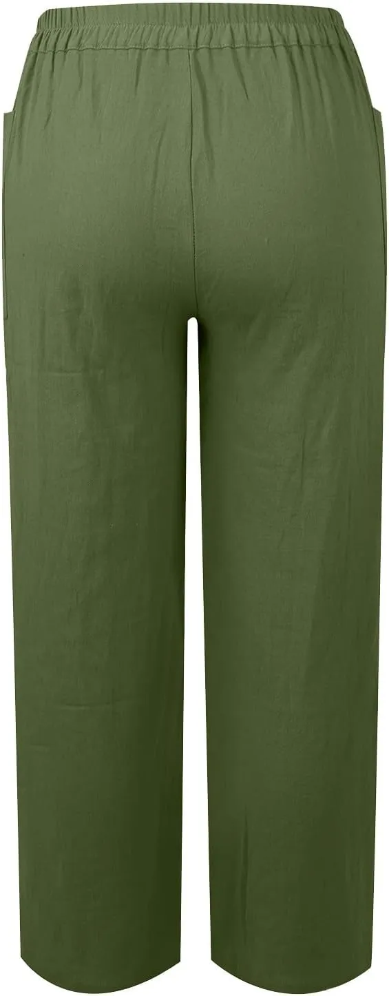 Straight Leg Trousers for Women High Waisted Button Down Linen Pants Vintage Lightweight Solid Dress Pants with Pockets