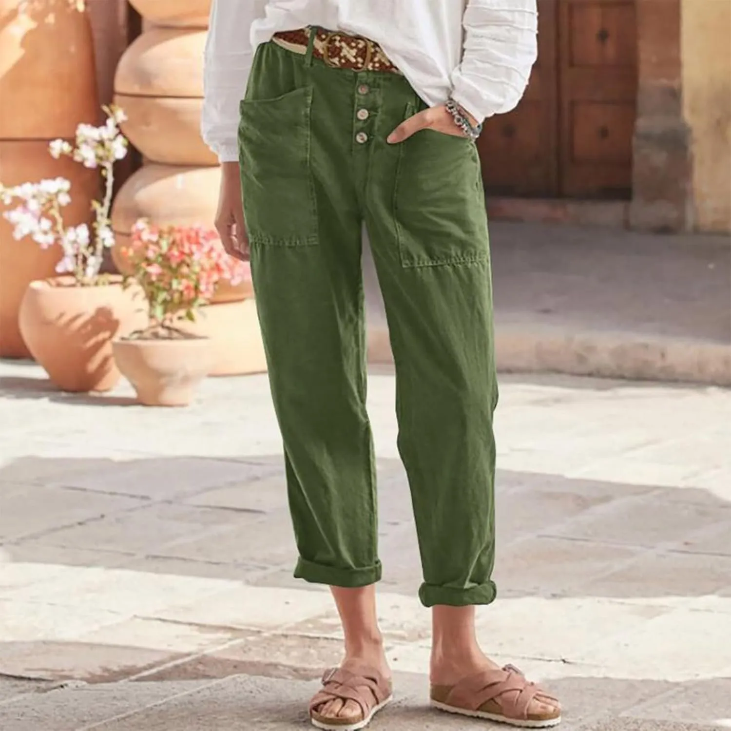 Straight Leg Trousers for Women High Waisted Button Down Linen Pants Vintage Lightweight Solid Dress Pants with Pockets