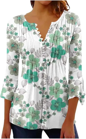 Summer Shirts for Women Vintage Bohemian Floral Print Graphic Blouse Causal 3/4 Sleeve Empire Waist Button Down Tops