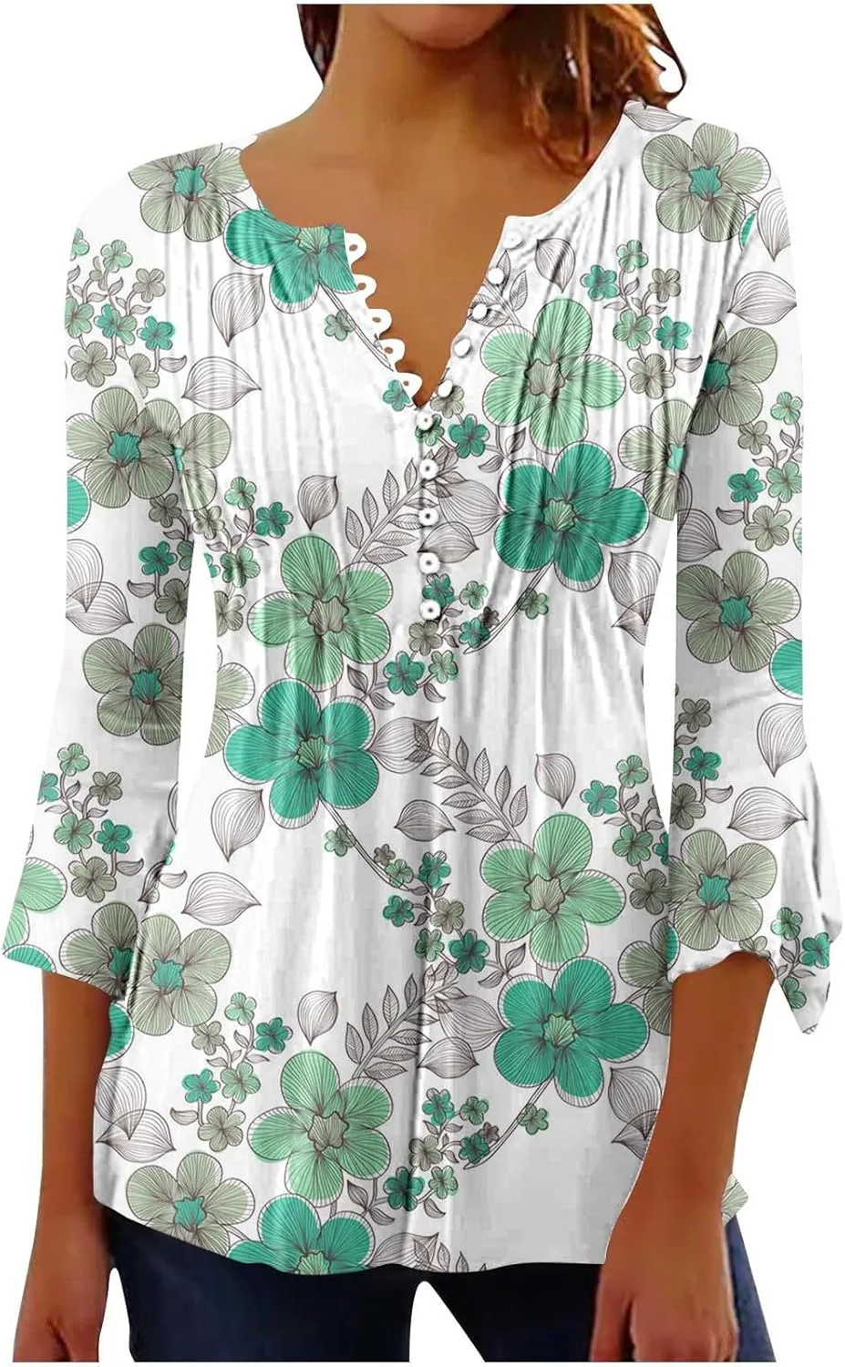 Summer Shirts for Women Vintage Bohemian Floral Print Graphic Blouse Causal 3/4 Sleeve Empire Waist Button Down Tops